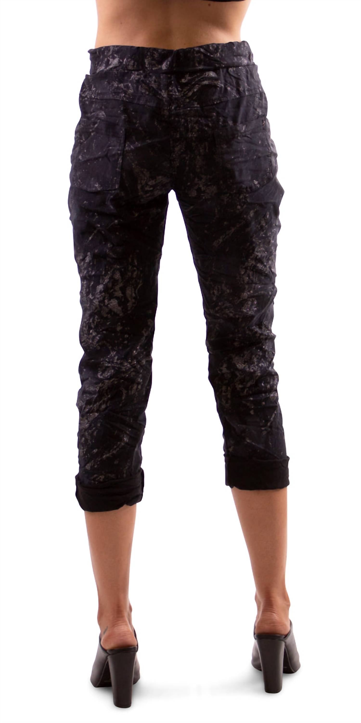 Gigi Moda - Brillare Silver Glitter Splashed Paint Tie Waist Cropped Pants