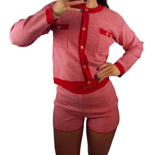 Et Clet - Striped Cardigan & Shorts Set