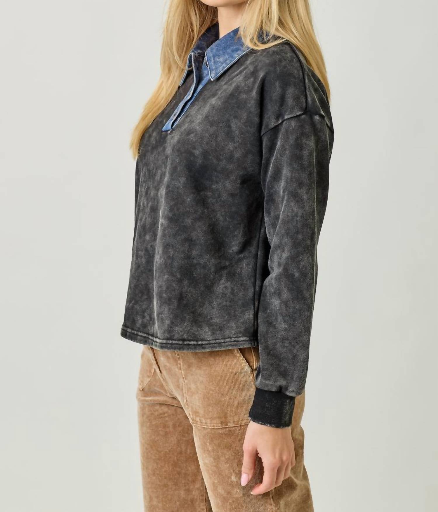 Mystree - Denim Collar Washed Polo Shirt