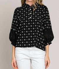 Cerule - Bracelet Sleeve with Embroidered Eyelet Lace Trim Blouse