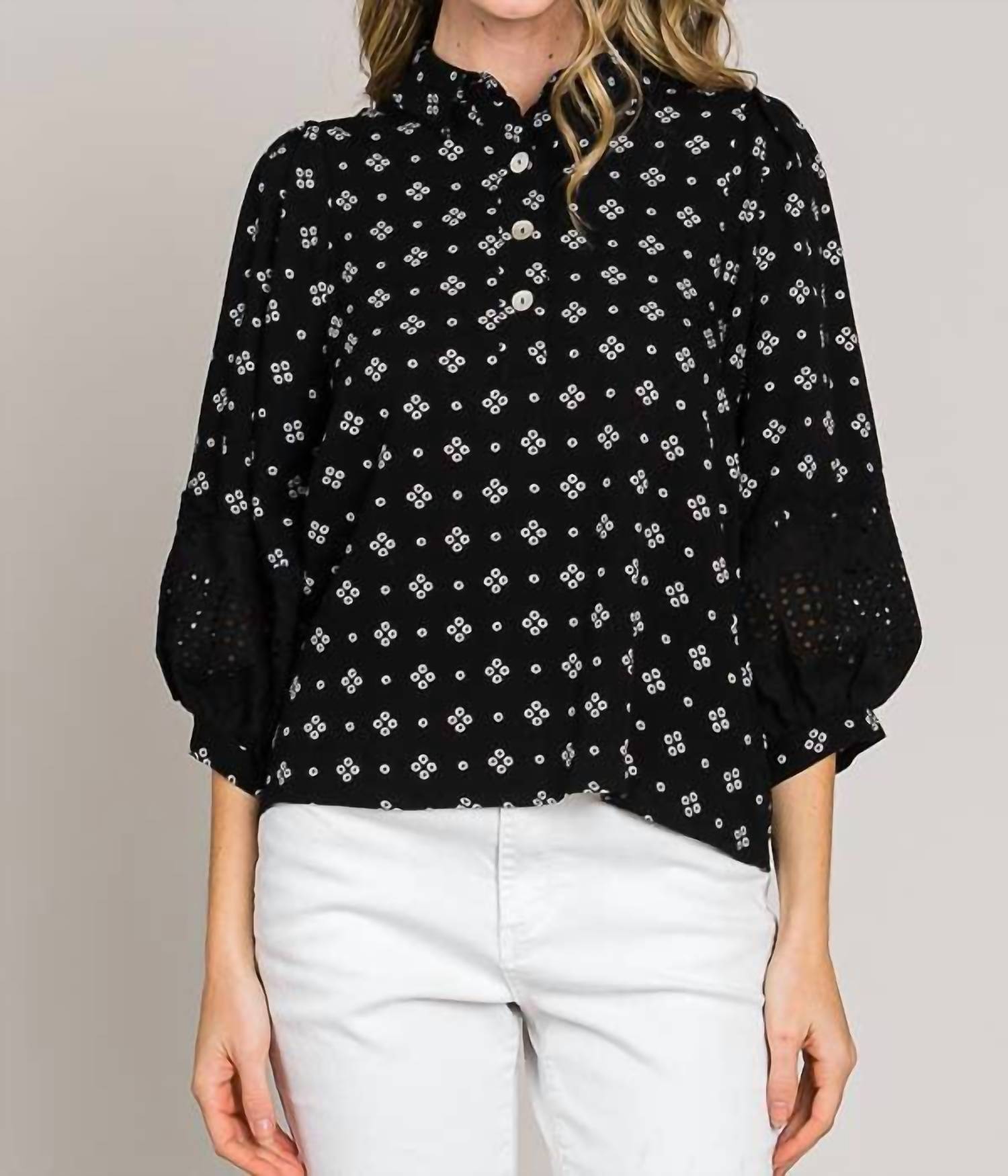 Cerule - Bracelet Sleeve with Embroidered Eyelet Lace Trim Blouse