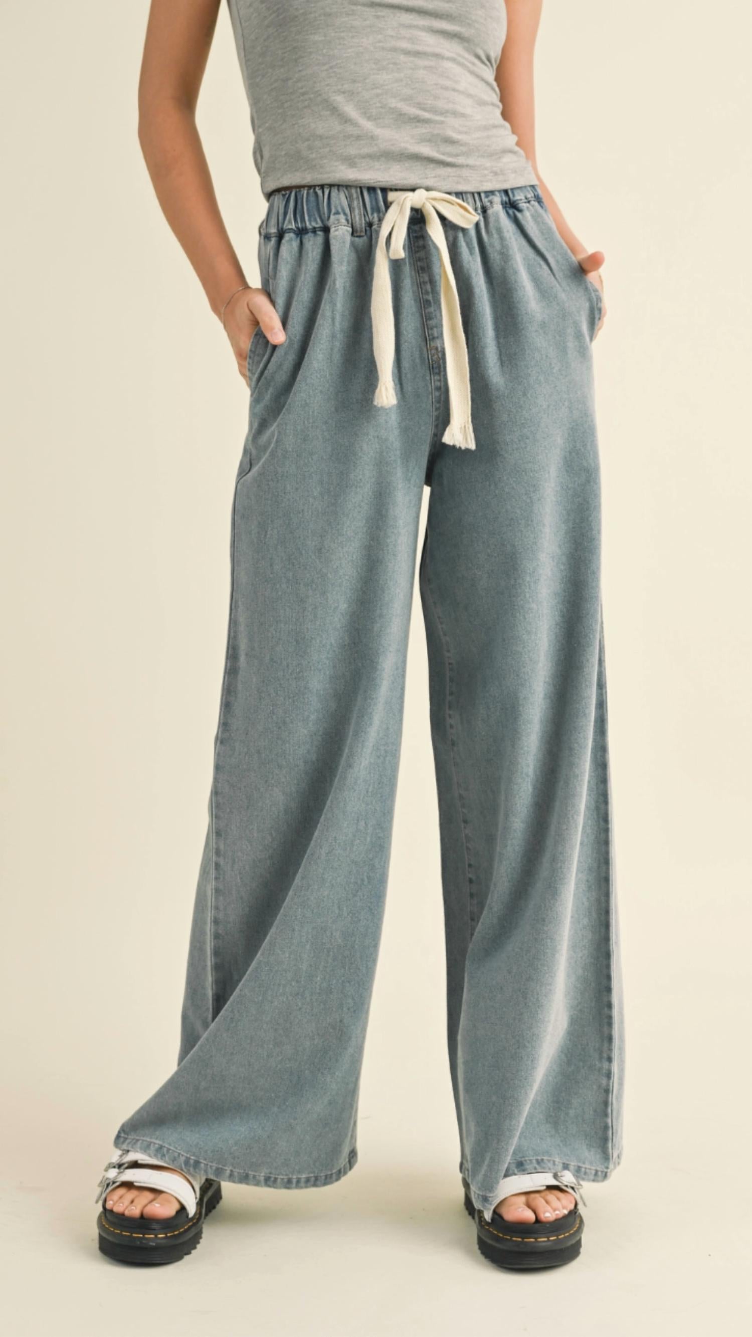 Miou Muse - Elastic Waist Drawstring Denim Wide Leg Pants