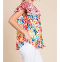 Jodifl - Floral Print Frilled Neck Ruffle Cap Sleeve Top