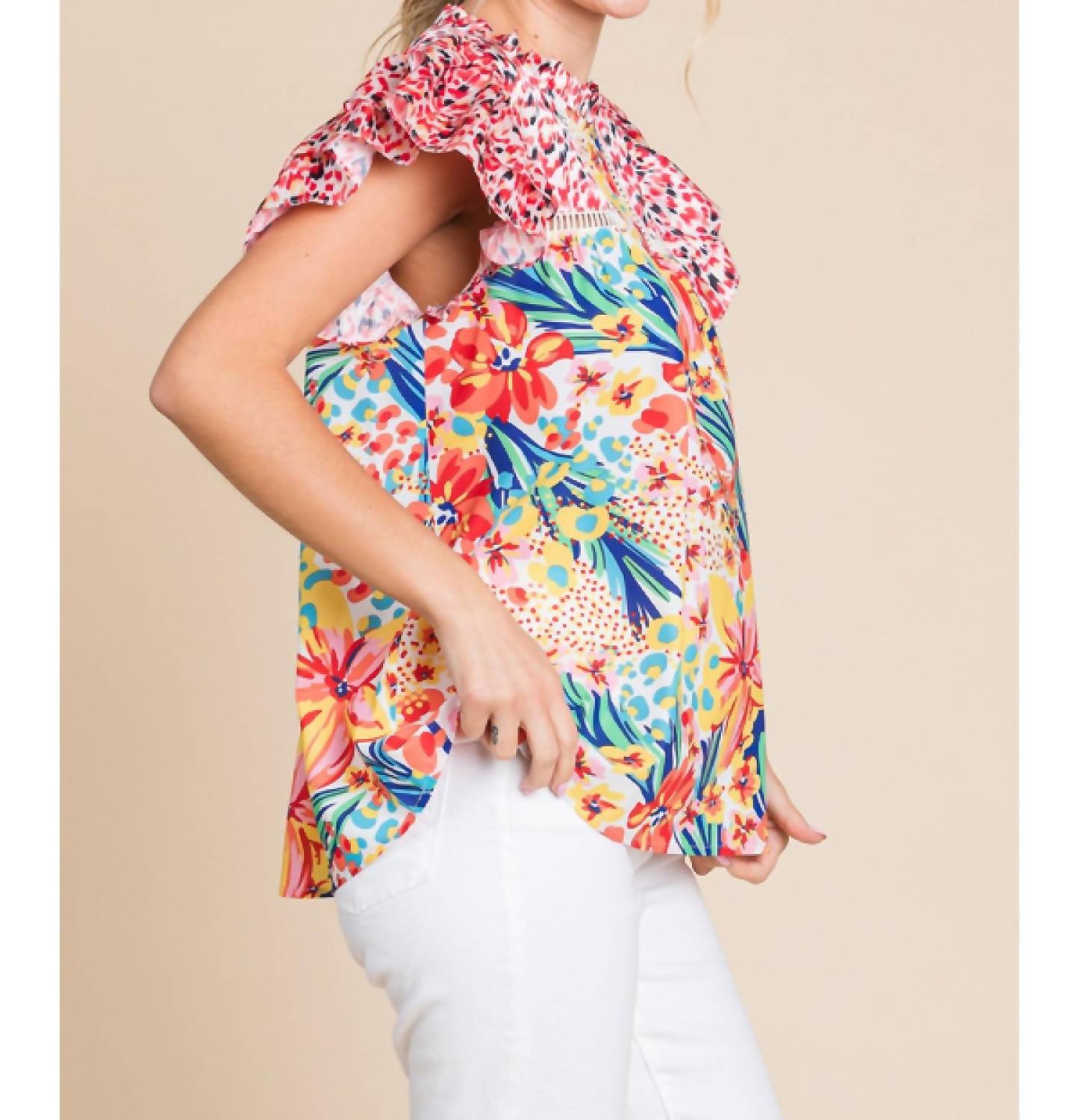 Jodifl - Floral Print Frilled Neck Ruffle Cap Sleeve Top