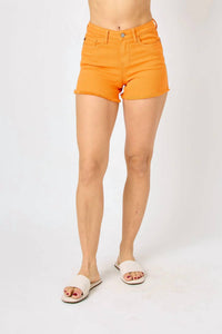 Judy Blue Mid Rise Garment Dyed Fray Hem Shorts in orange - women's shorts
