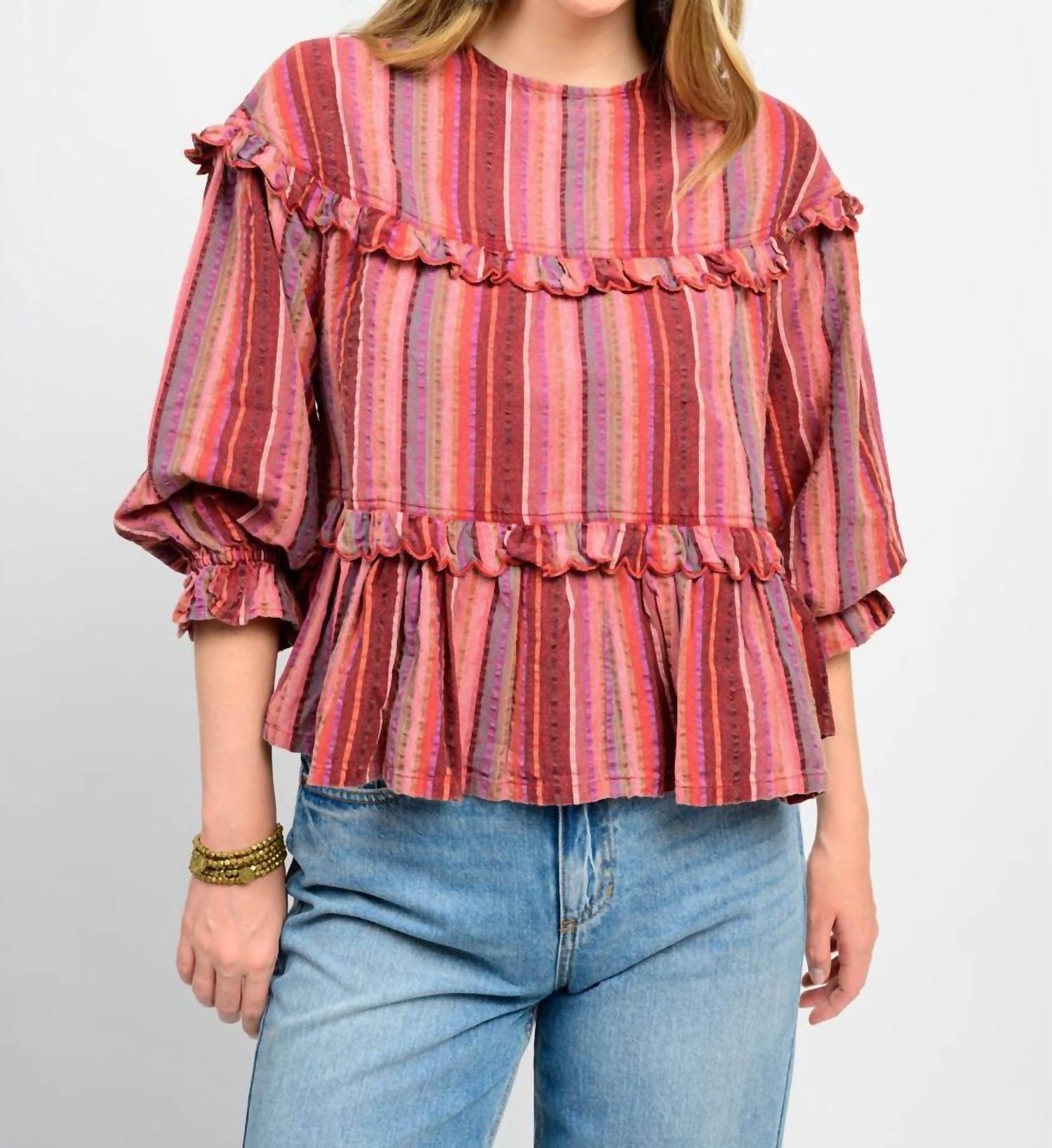 Ivy Jane Muti Striped Tier Top in rust - women's blouse
