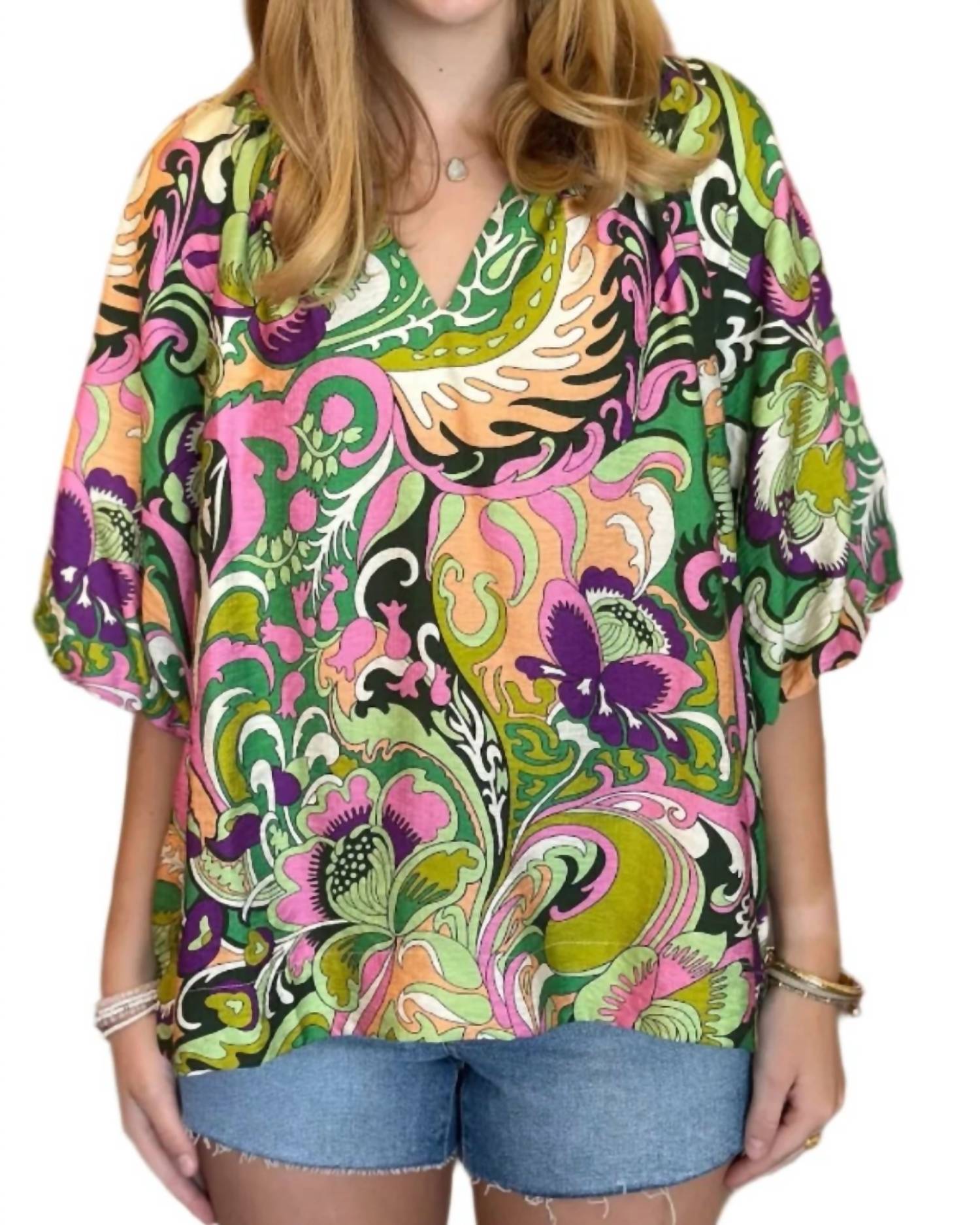 Joy Joy Puff Sleeve Peasant Top in jungle paisley - women's blouse