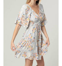 ANGIE Smocked Bodice V Neck Lace Trim Short Sleeve Dress in blue multi - women's dress - detail view