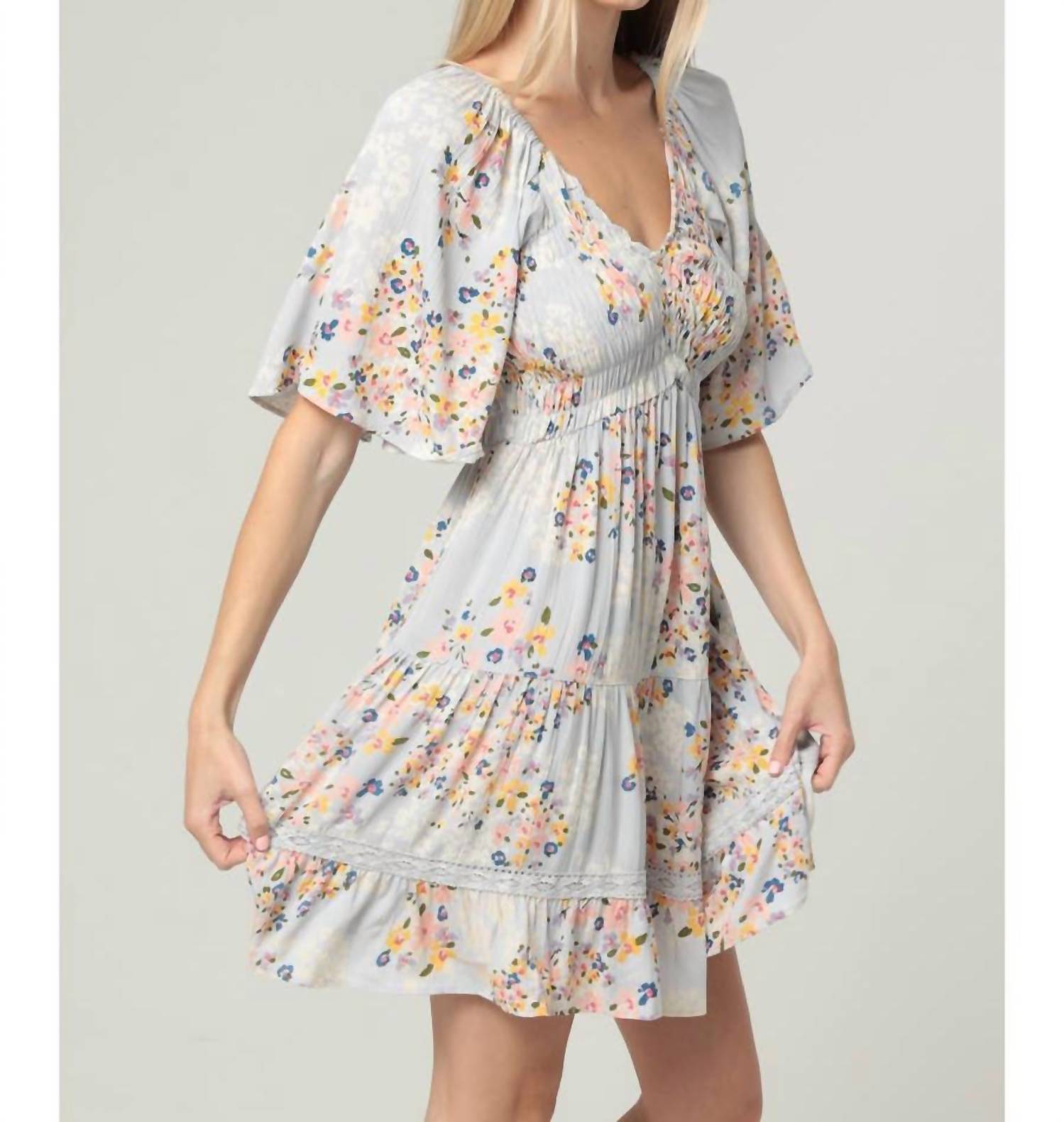 ANGIE Smocked Bodice V Neck Lace Trim Short Sleeve Dress in blue multi - women's dress - detail view