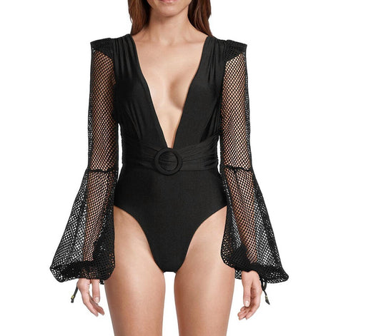 Patbo - Plunge Fishnet-Sleeve One-Piece Swimsuit