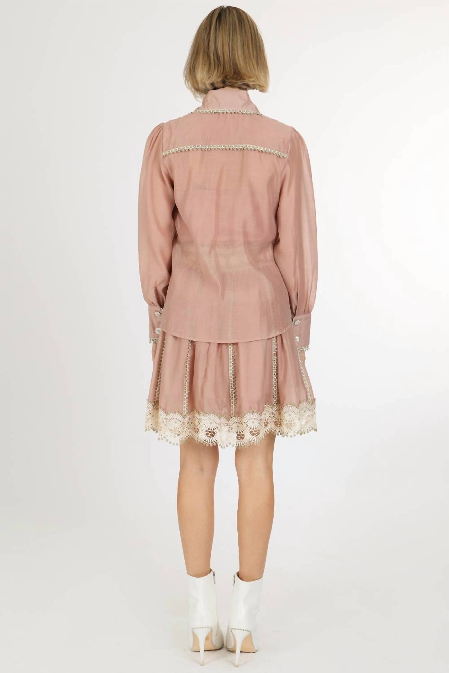 Beulahstyle - Lace Trim Detail Chiffon Shirt & Mini Skirt Set