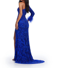 ASHLEYlauren One Shoulder Feather Cuff Gown in royal - women's dress - detail view