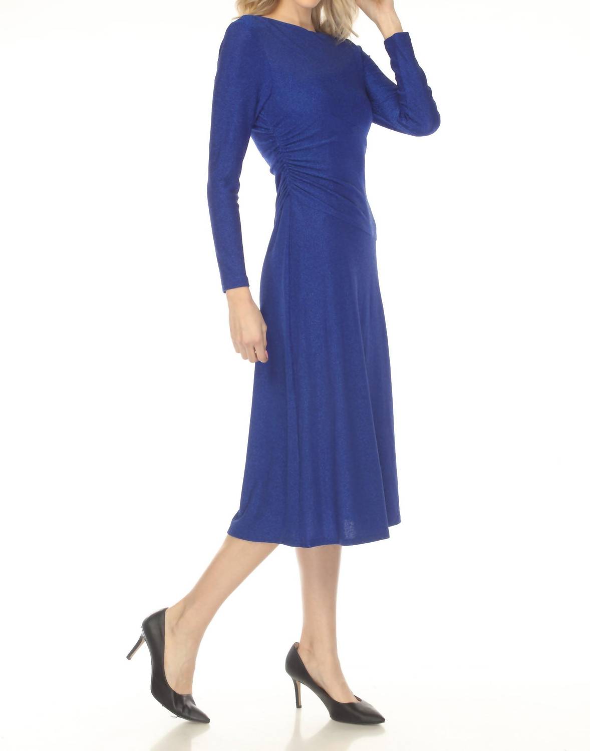 Joseph Ribkoff Shimmery Ruched Fit And Flare Dress in royal sapphire - women's dress - detail view