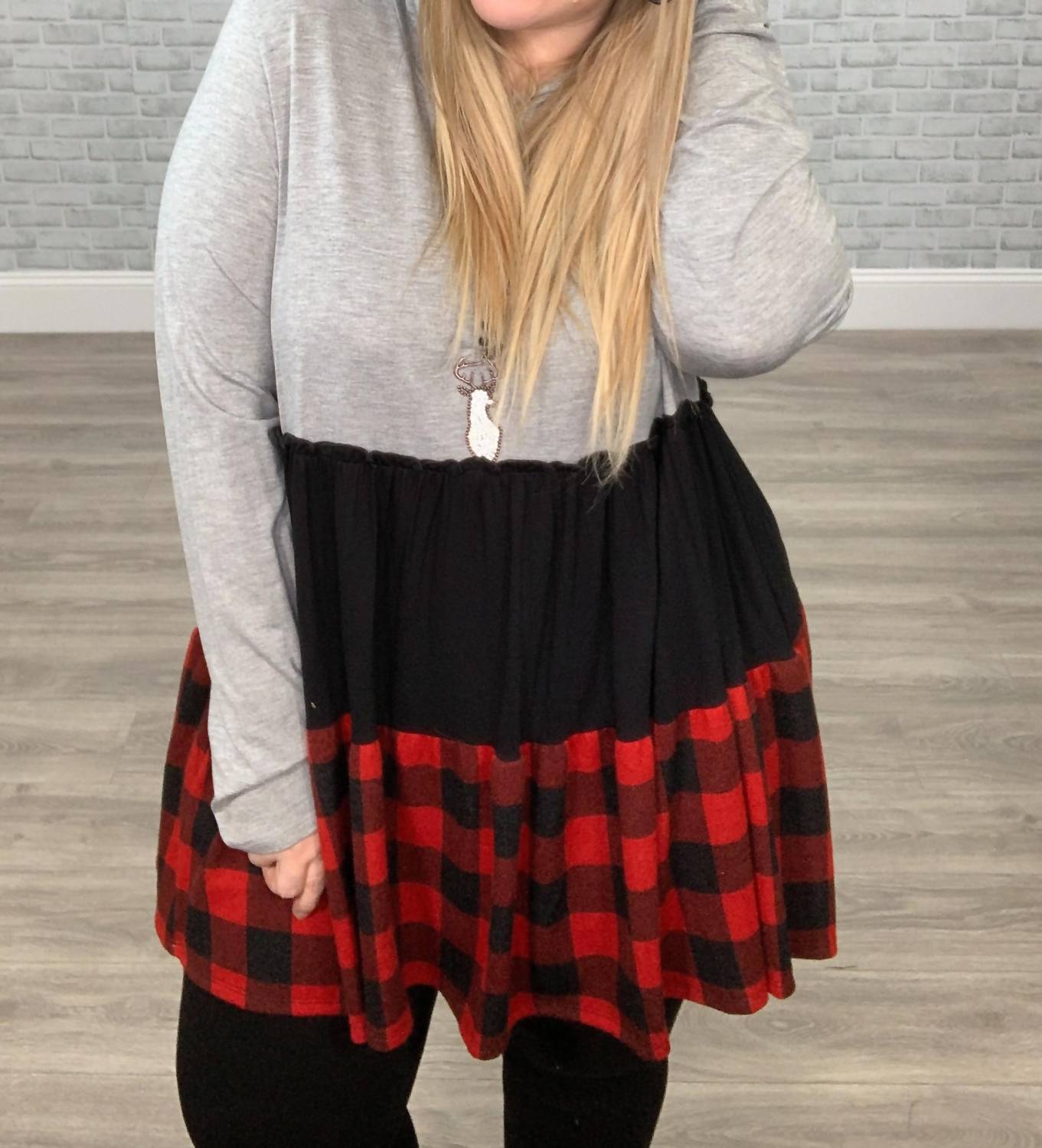 Honeyme - Tiered Buffalo Plaid Hoodie Tunic