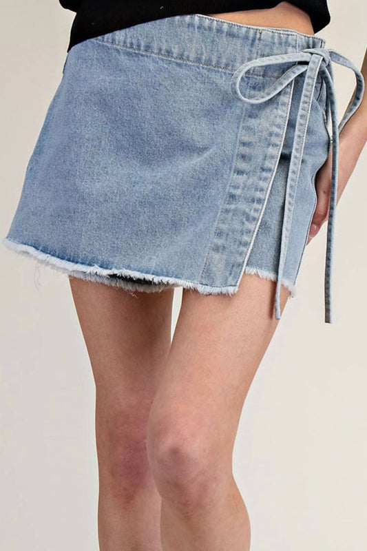 Ee:Some - Denim Wrap Tie Waist Skort - blue - clothing - cotton - blend
