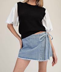 Ee:Some - Denim Wrap Tie Waist Skort - blue - clothing - cotton - blend