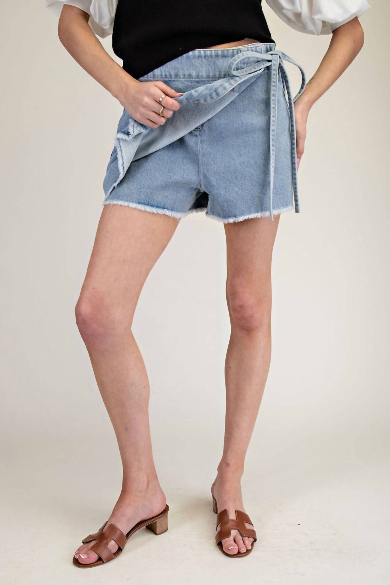 Ee:Some - Denim Wrap Tie Waist Skort - blue - clothing - cotton - blend