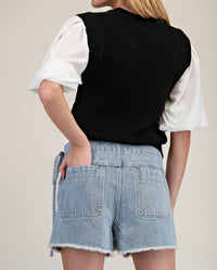 Ee:Some - Denim Wrap Tie Waist Skort - blue - clothing - cotton - blend