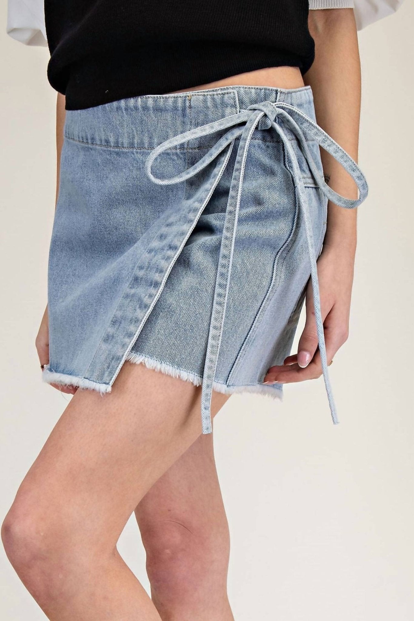 Ee:Some - Denim Wrap Tie Waist Skort - blue - clothing - cotton - blend