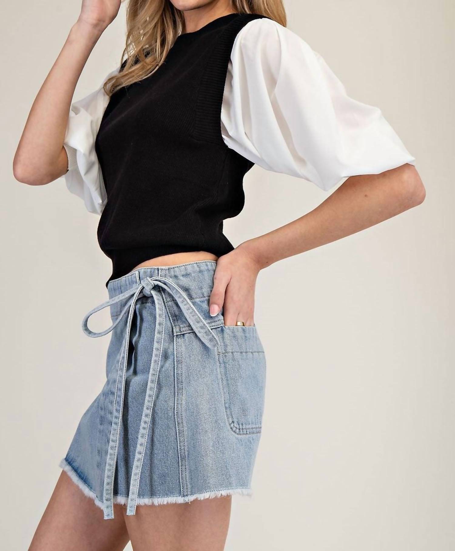 Ee:Some - Denim Wrap Tie Waist Skort - blue - clothing - cotton - blend