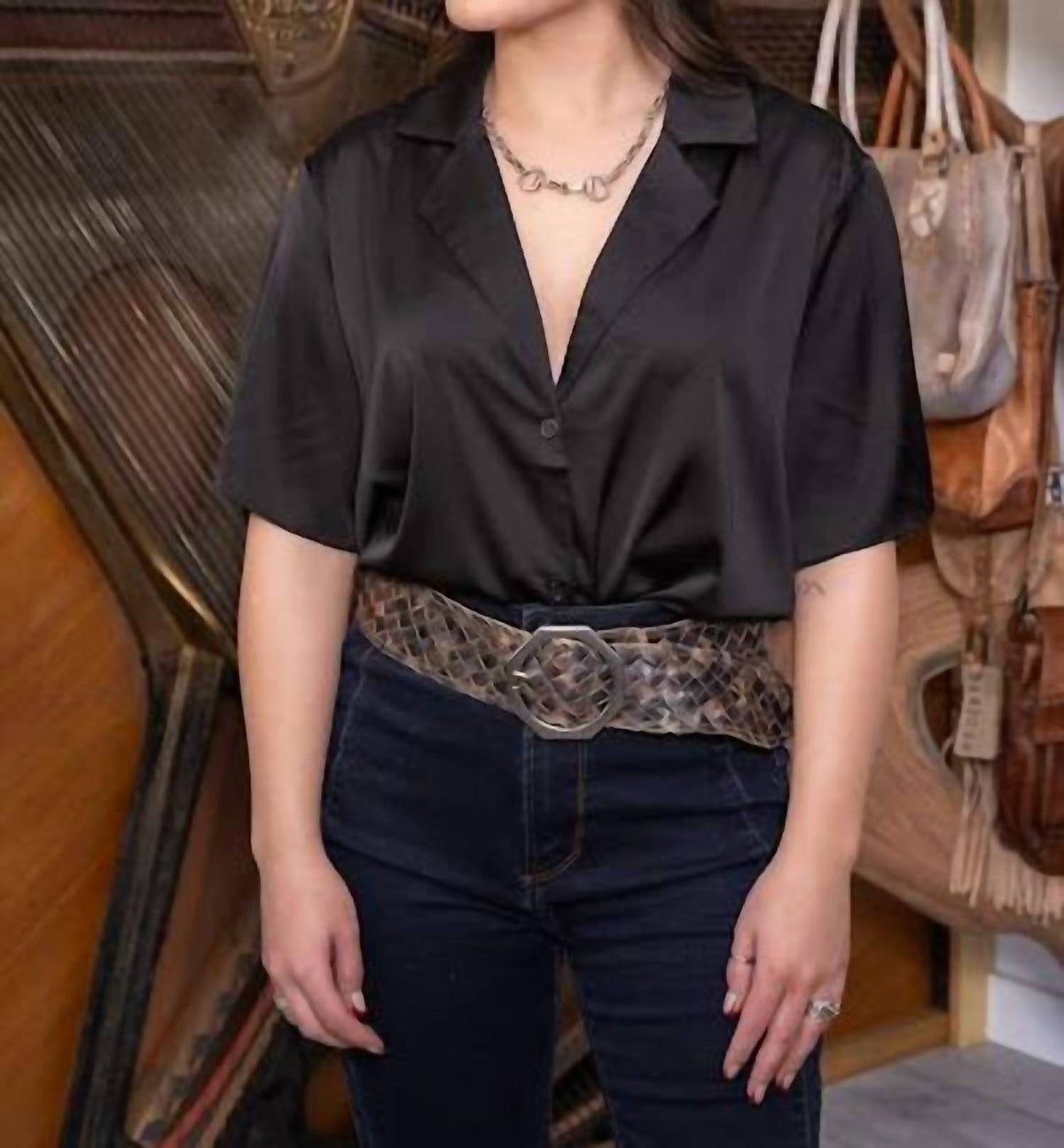 Eesome - Satin Button Up Short Sleeve Blouse