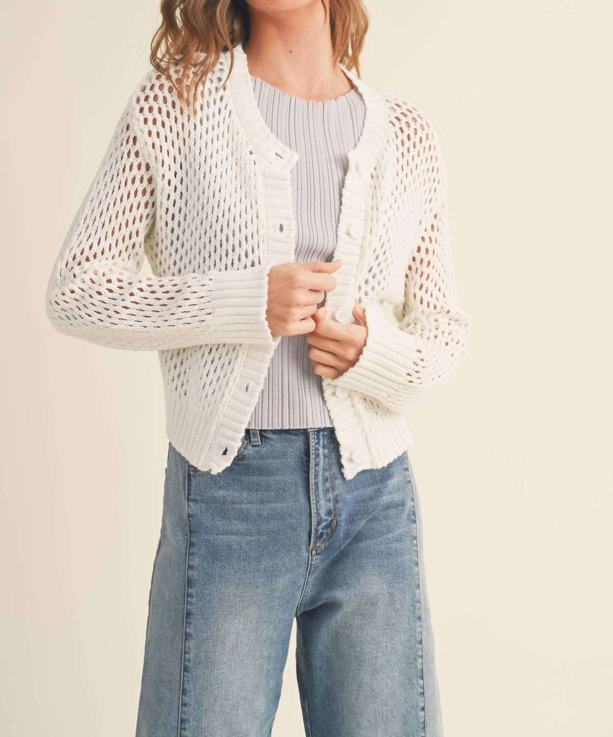 Miou Muse - Crochet Knitted Button Down Cardigan