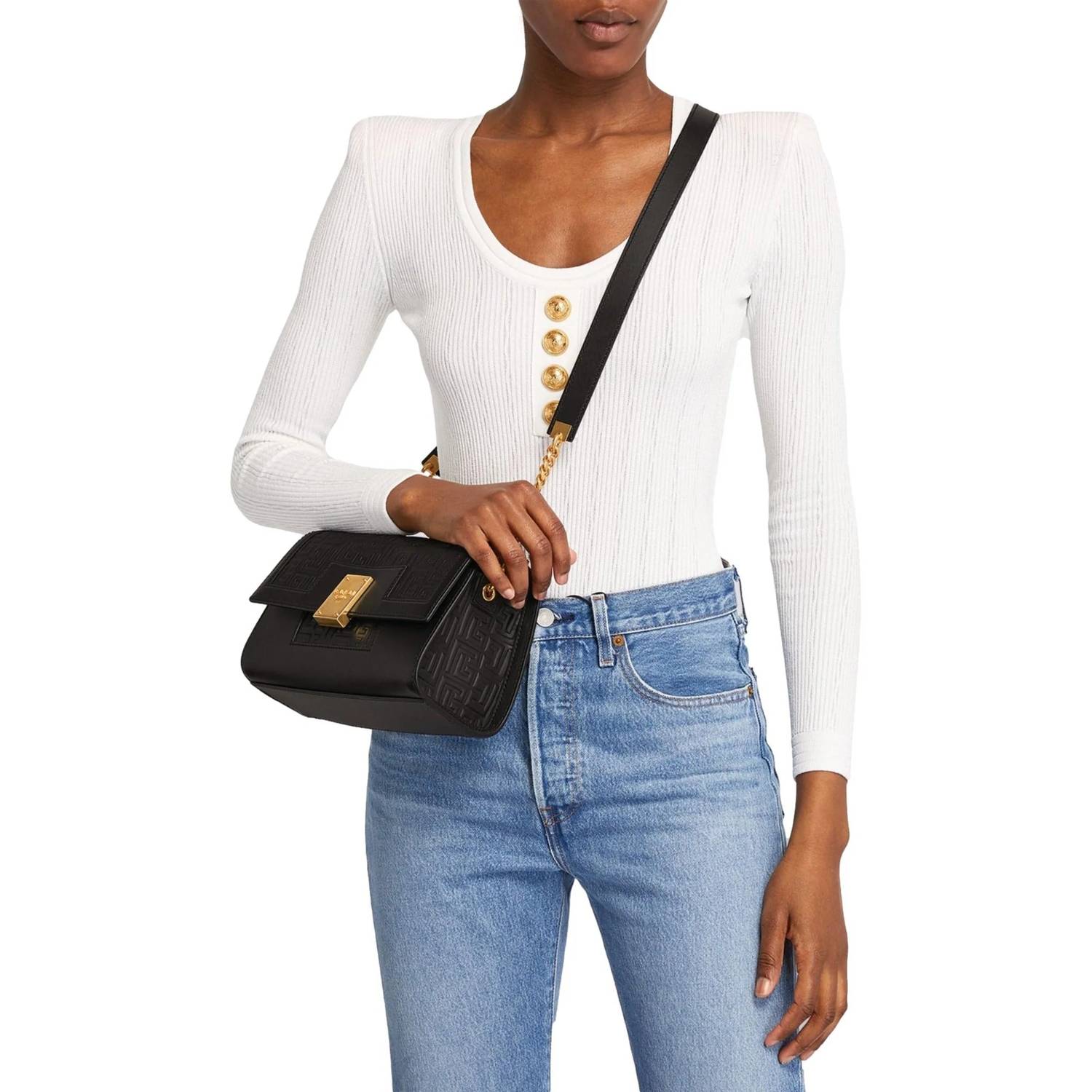 Balmain - Women's 1945 Leather Embossed Flap Medium Shoulder Bag