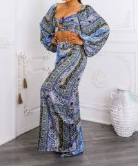 Surelymine - Bold Baroque Print Two-piece Set Tie Front Crop & Wide Pants