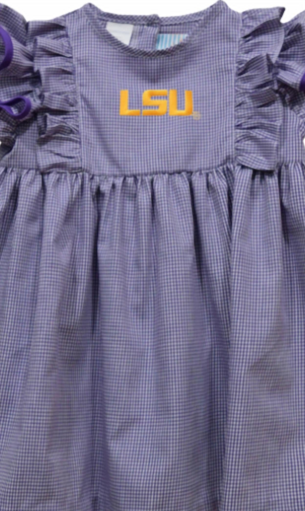 Vive La Fete - Girl's Lsu Tigers Embroidered Gingham Ruffle Dress