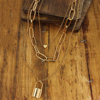 Zad - Women's Lock & Heart Layered Chain Necklace