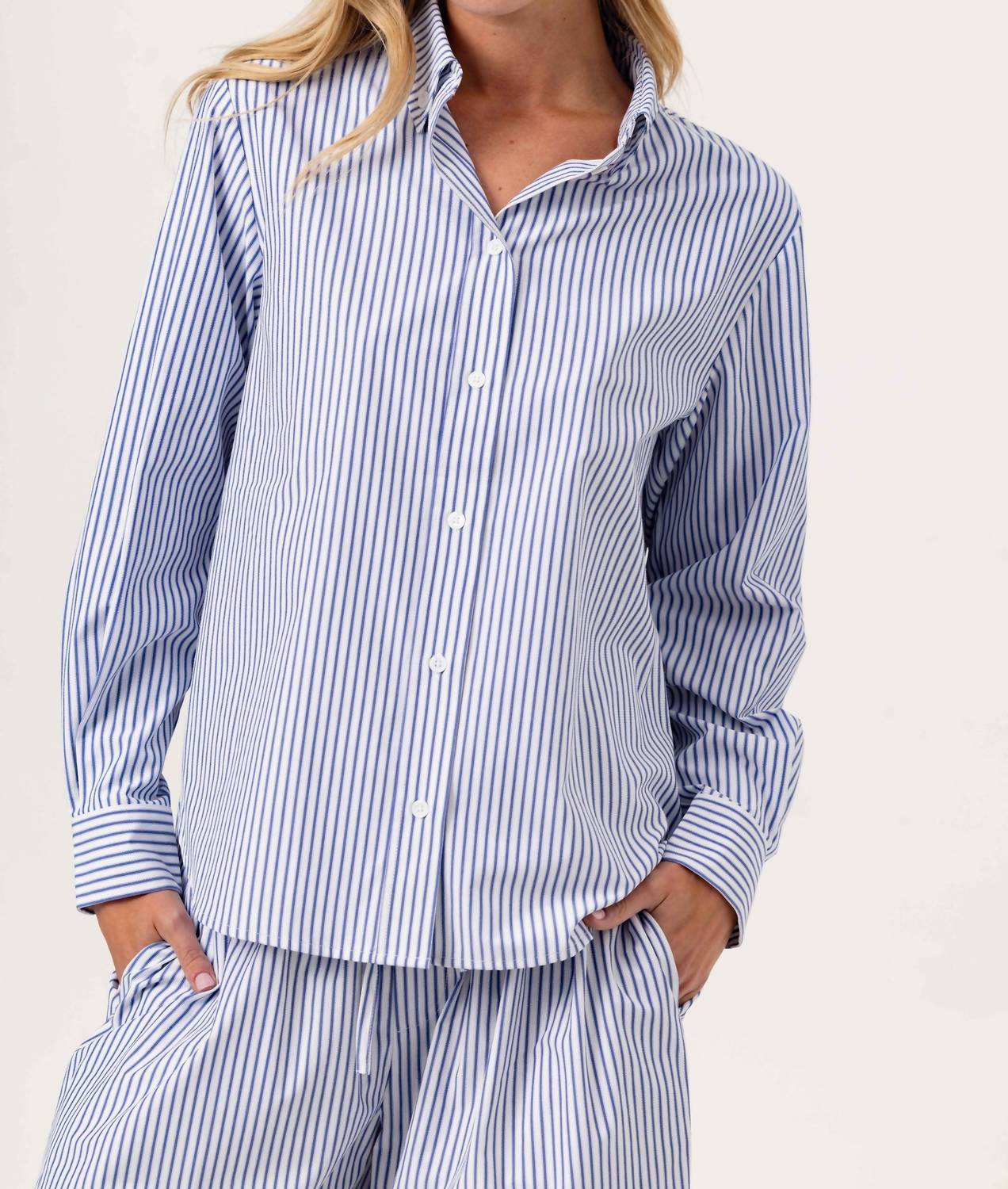 sundays Women's Sun Aspyn Shirt in navy stripe - women's long sleeve top