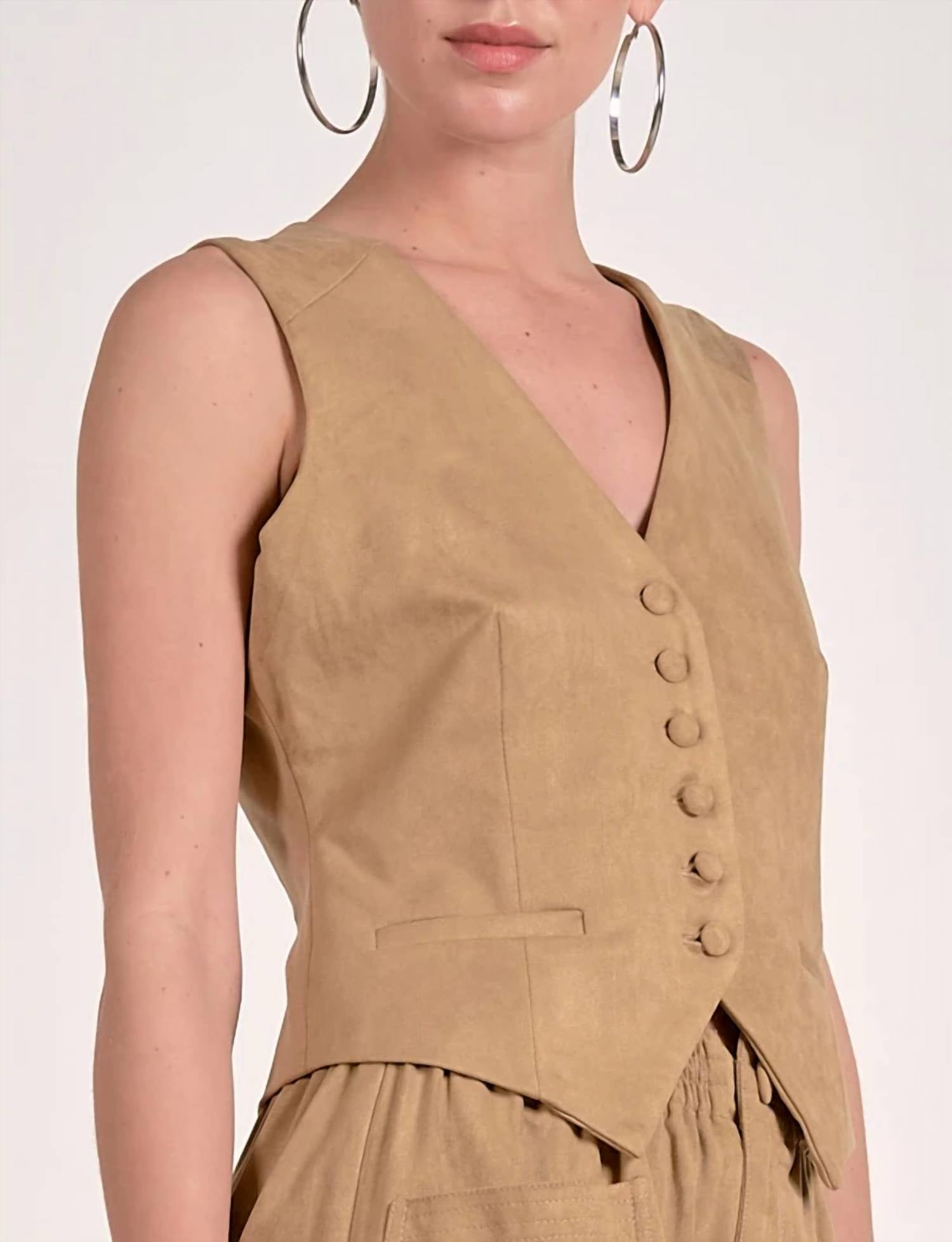 ELAN Fitted Button Down Vest in sand - women's jacket - detail view