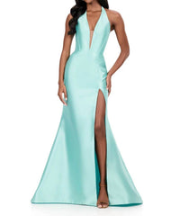 ASHLEYlauren Plunging Halter Neckline Mikado Prom Dress in aqua - women's dress