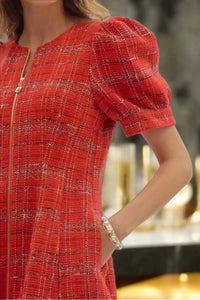 entro Plaid Puff Sleeve Mini Dress With Front Zip in red - women's dress - view 7