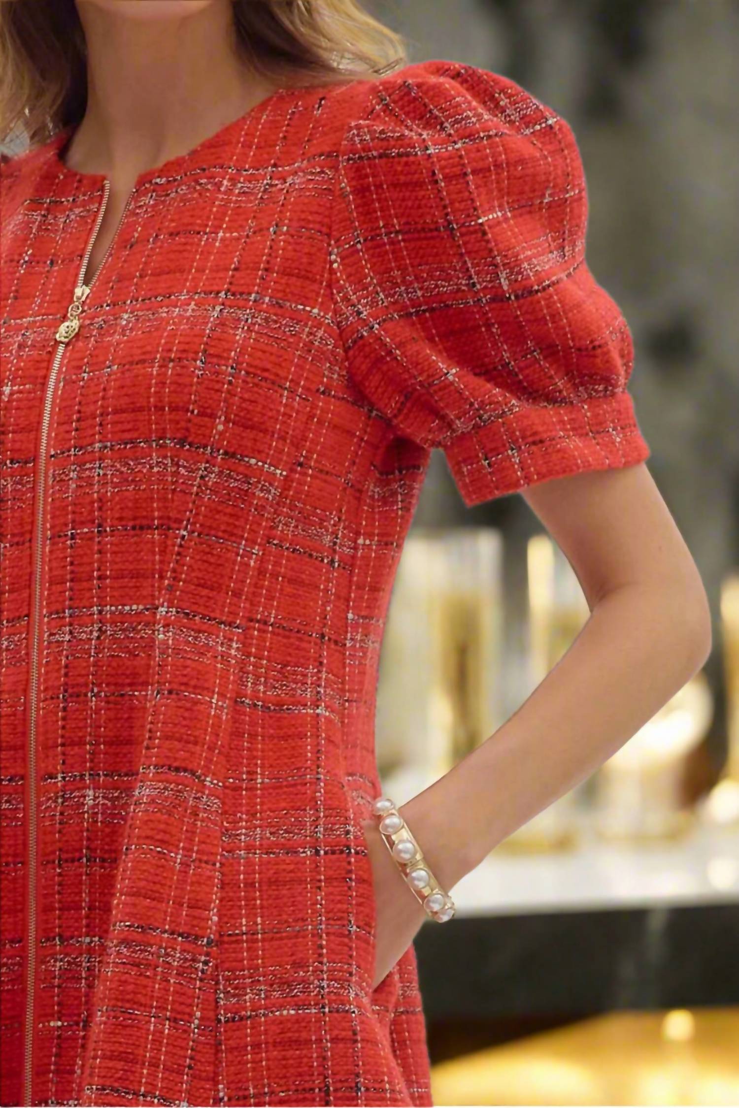 entro Plaid Puff Sleeve Mini Dress With Front Zip in red - women's dress - view 7