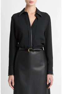 Vince - FAUX LEATHER TRIM BLOUSE