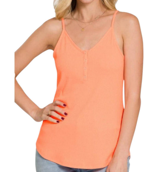 Zenana - Ribbed Button V-neck Tank Top