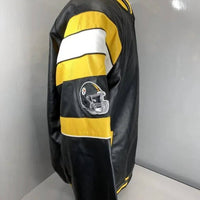 G-III Men’s Nfl Pittsburgh Steelers Faux Leather Varsity Jacket in black yellow - men's jacket - detail view