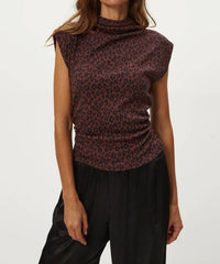 Michael Stars Amara Mock Neck Power Shoulder Top in espresso leopard - women's blouse