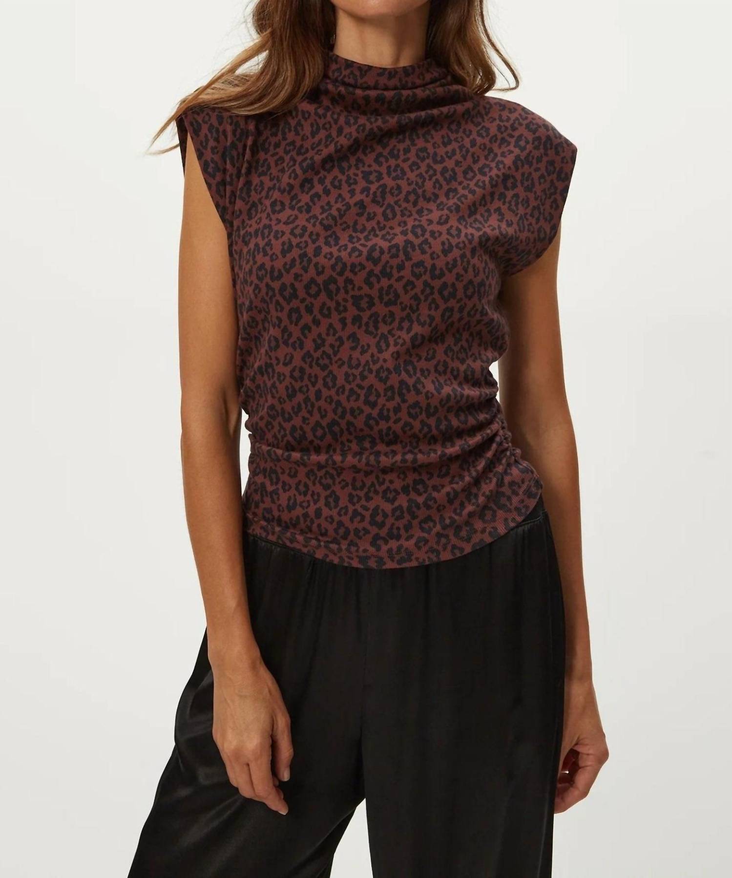 Michael Stars Amara Mock Neck Power Shoulder Top in espresso leopard - women's blouse