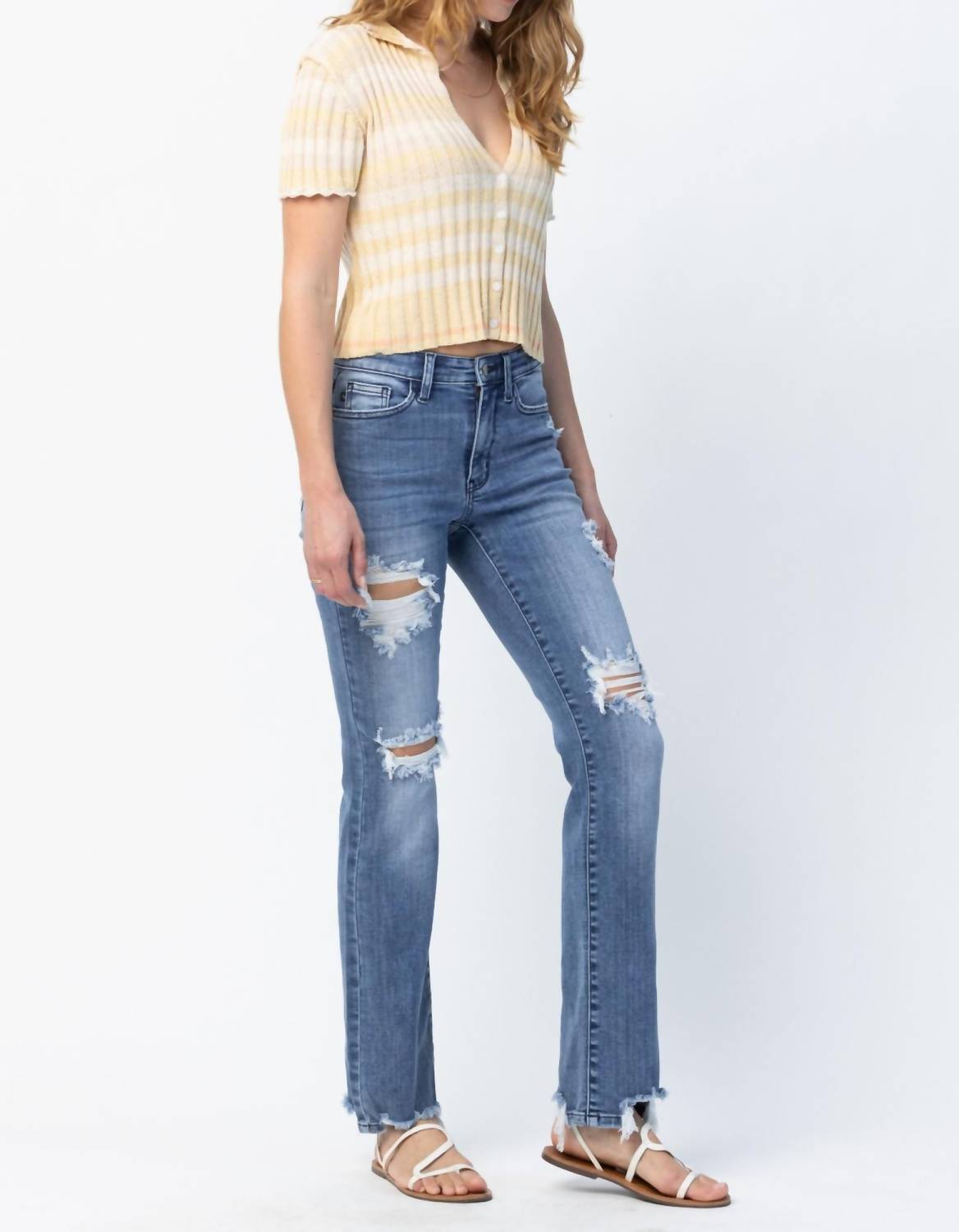 Judy Blue Destroyed Straight Mid-rise Jeans in medium blue - women's jeans - view 5