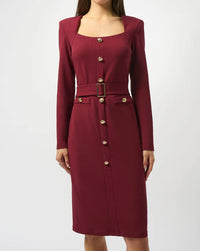 Joseph Ribkoff Belted Square Neck Sheath Dress in merlot - women's dress - alternate view