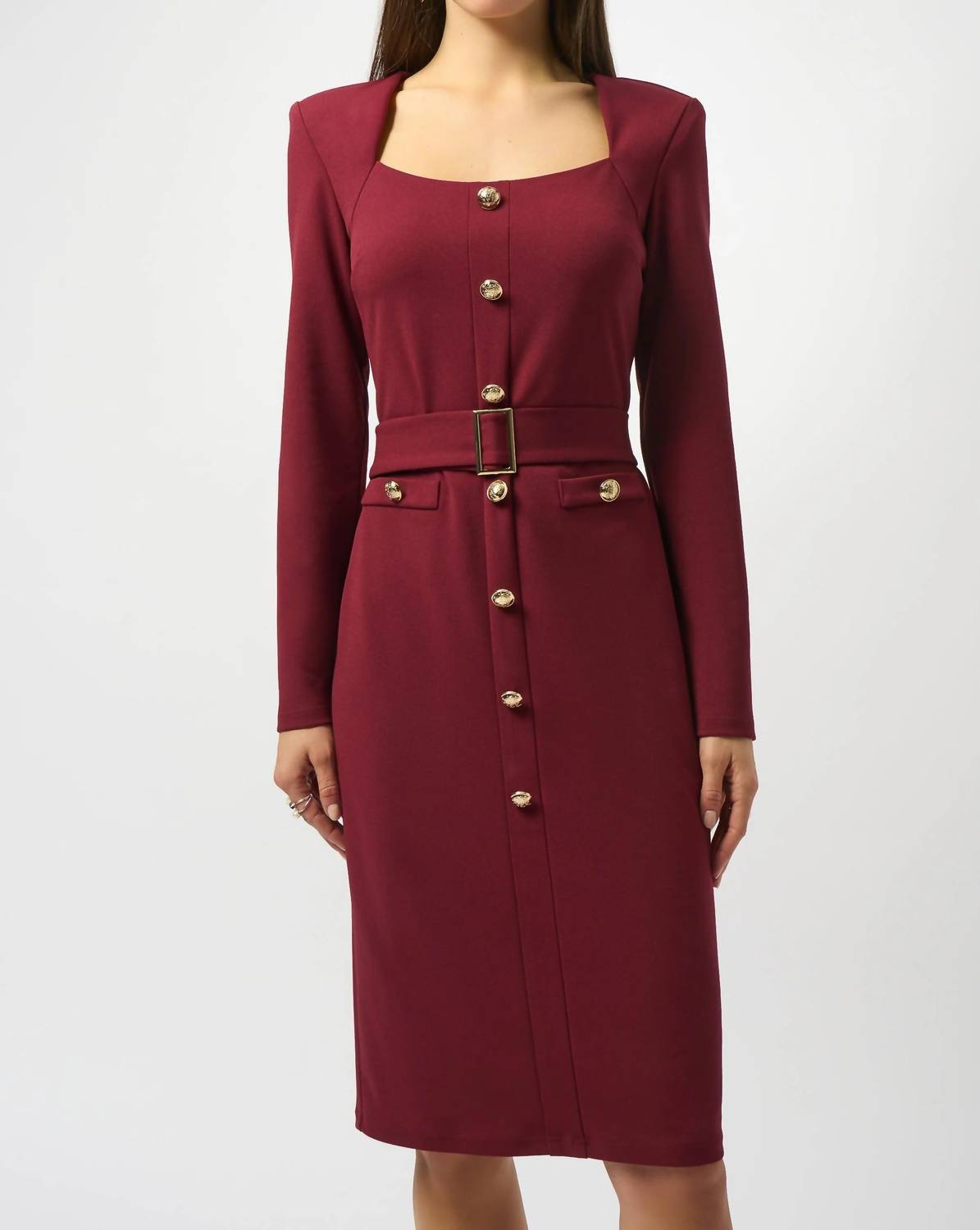 Joseph Ribkoff Belted Square Neck Sheath Dress in merlot - women's dress - alternate view