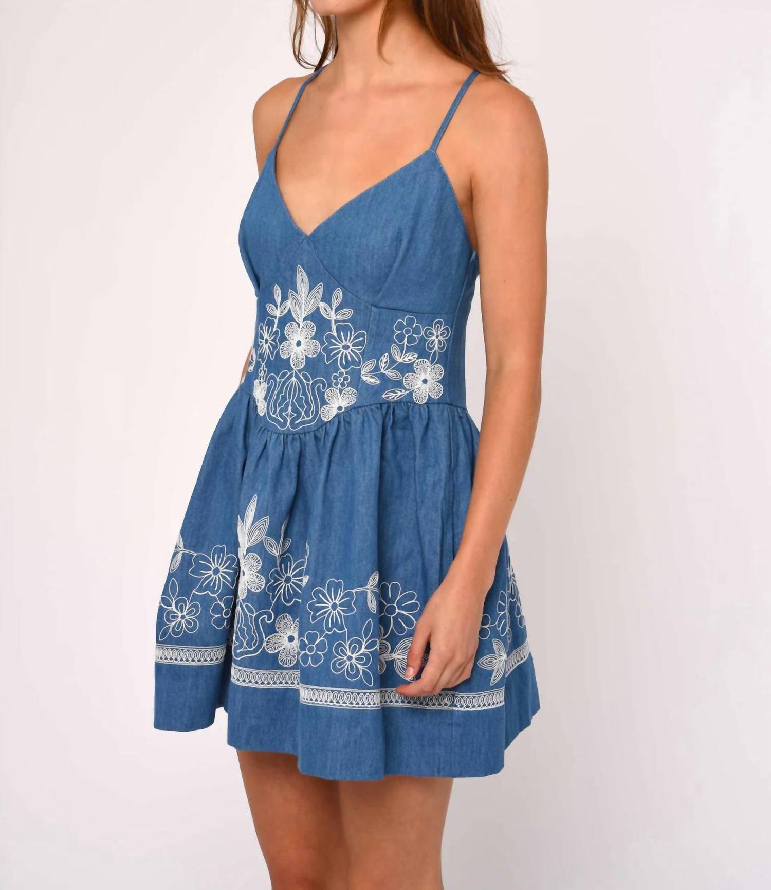 LOVE THE LABEL Nicks Mini Dress in wythe embroidered denim - women's dress - alternate view