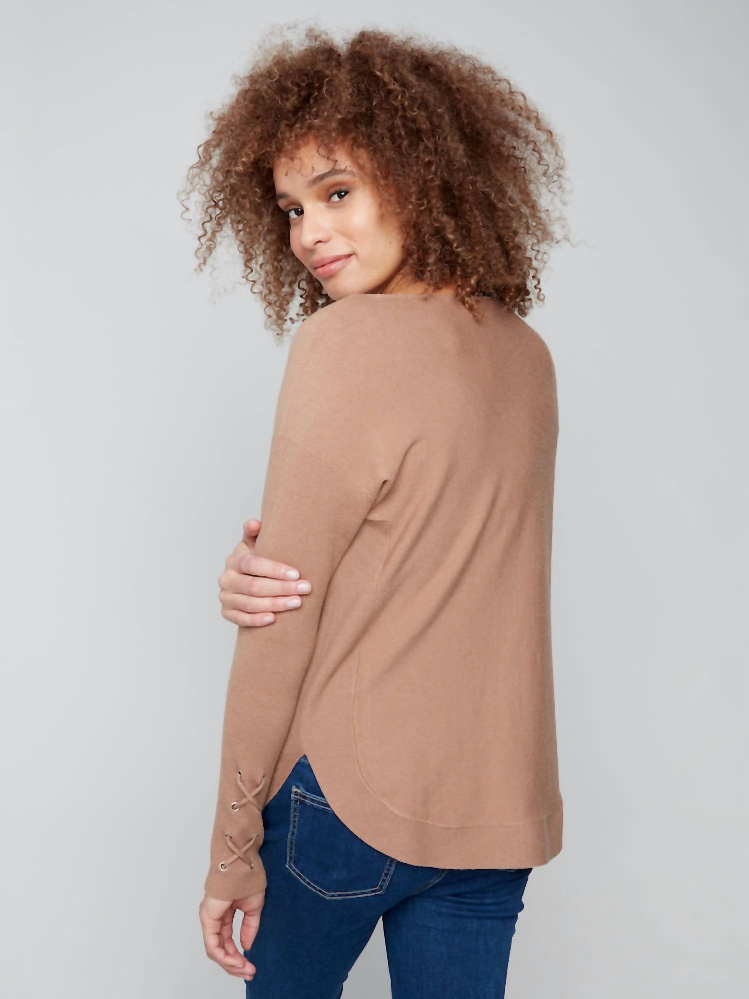 Charlie B - Lace Detail On Sleeve Round Hem Sweater