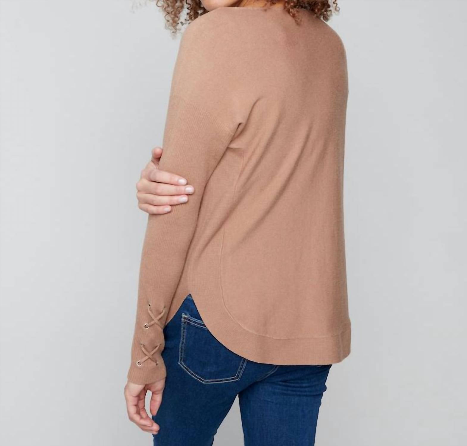 Charlie B - Lace Detail On Sleeve Round Hem Sweater