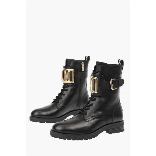 Moschino - Women’s Love Leather Combat Boots With Side Zip And Golden Detail