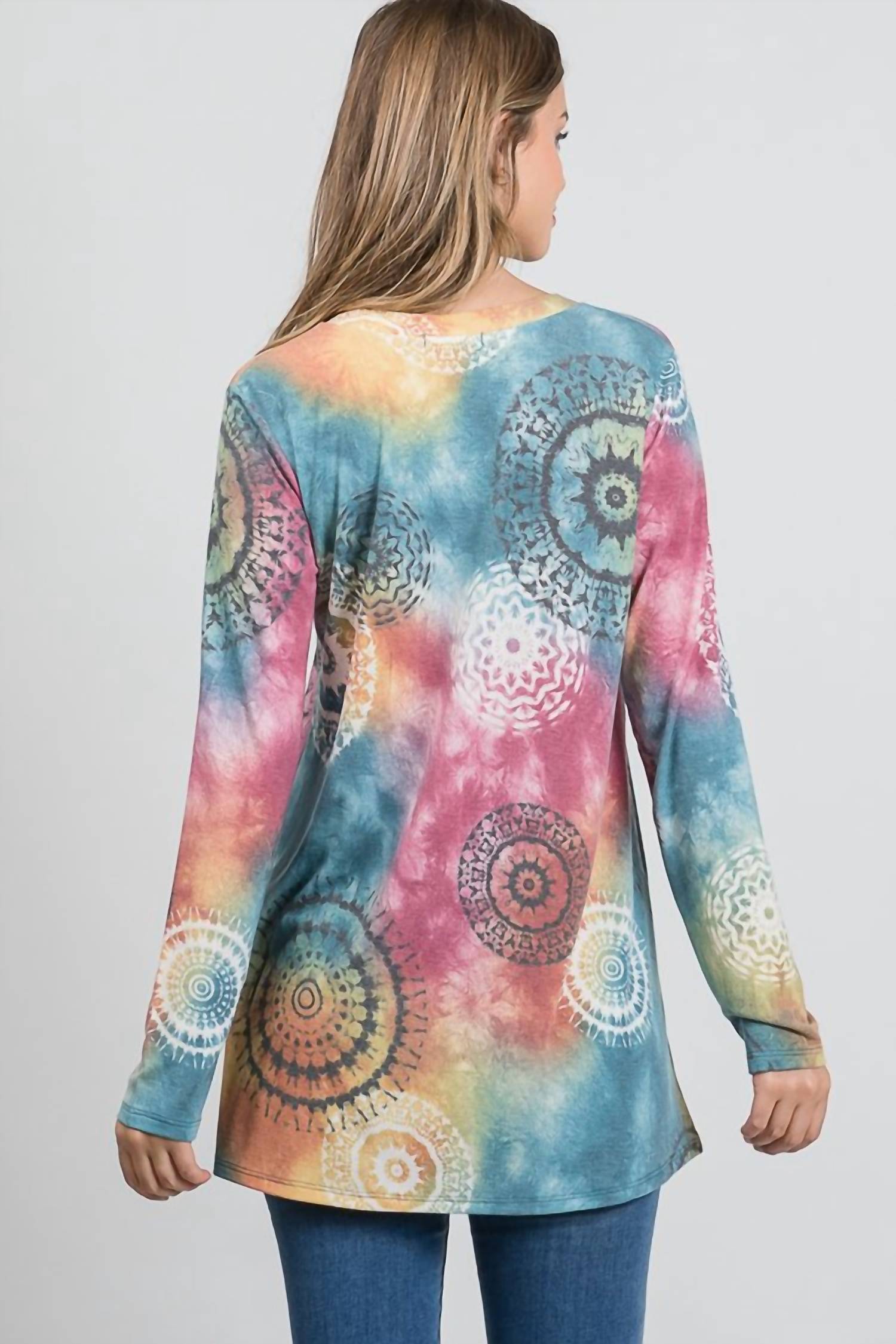 Heimish Usa - Tie Dye & Circular Designs V-Neck Long Sleeve Top