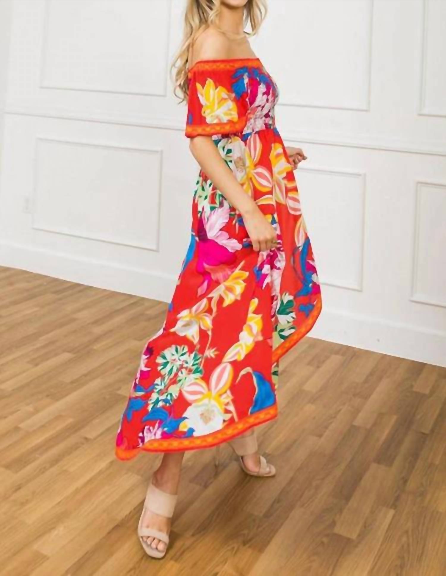 Flying Tomato - Tropical Floral Off Shoulder Hi-lo Maxi Dress