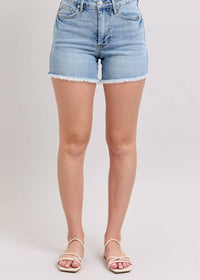 Judy Blue High Waist Tummy Control Light Destroy & Fray Hem Shorts in blue - women's shorts